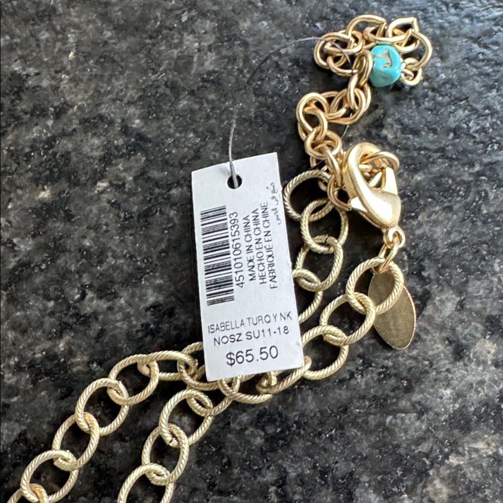 😊Chico's Turquoise Beaded Coin Drop Necklace with Gold Accents - Picture 6 of 7